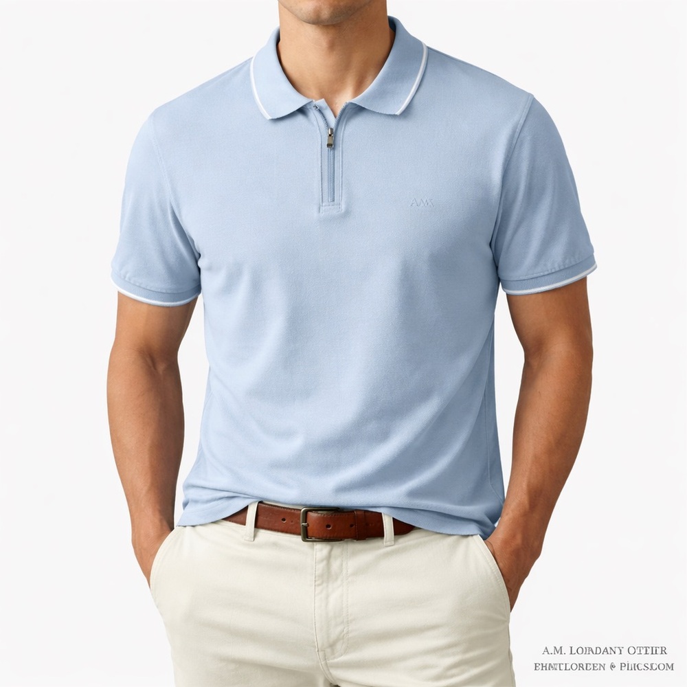 A.M. London L Light Blue Cotton Blend Polo Shirt White Trim NWT